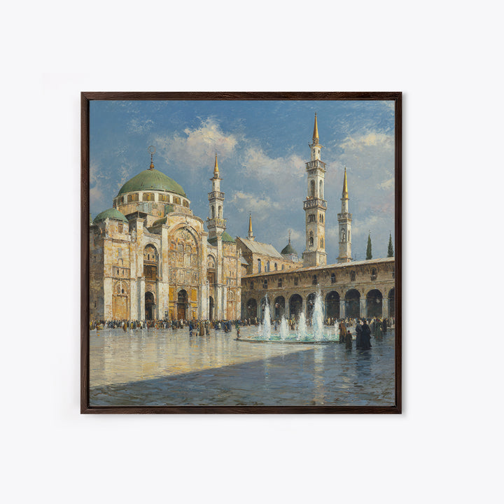 Grand Mosque Courtyard Framed Canvas Print, Islamic Architecture Wall Art, Impressionist Travel Poster, Elegant Office Decor