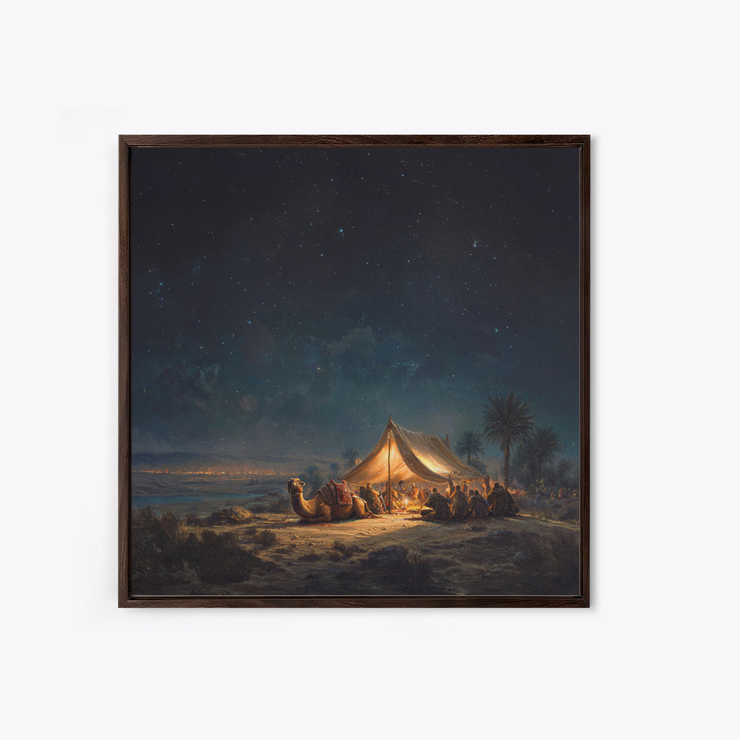 Starlit Desert Camp Canvas Print, Camel Caravan Landscape Art, Celestial Night Sky Wall Decor, Boho Travel Poster Gift For Him