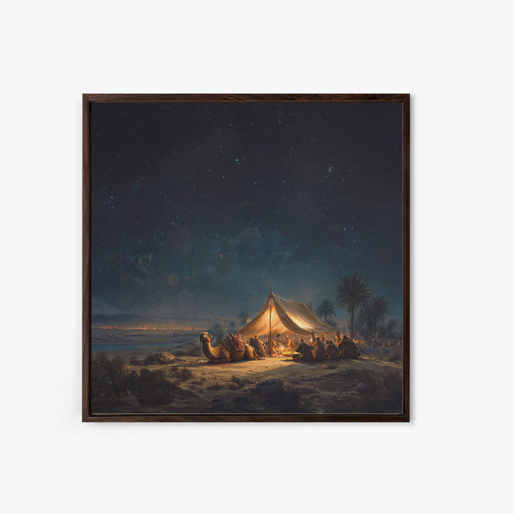Starlit Desert Camp Canvas Print, Camel Caravan Landscape Art, Celestial Night Sky Wall Decor, Boho Travel Poster Gift For Him