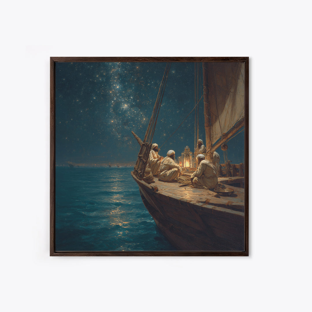 Starlit Arabian Sailboat Canvas Print, Nautical Wall Art, Ocean Night Seascape, Coastal Decor, Travel Inspired Art, Starry Sky