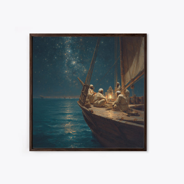 Starlit Arabian Sailboat Canvas Print, Nautical Wall Art, Ocean Night Seascape, Coastal Decor, Travel Inspired Art, Starry Sky