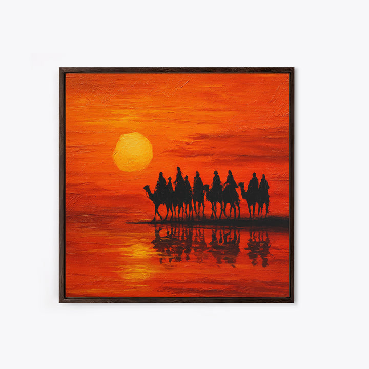 Camel Caravan At Orange Desert Sunset Wall Art, Moroccan Travel Canvas Print, Sahara Landscape Decor, Boho Housewarming Gift