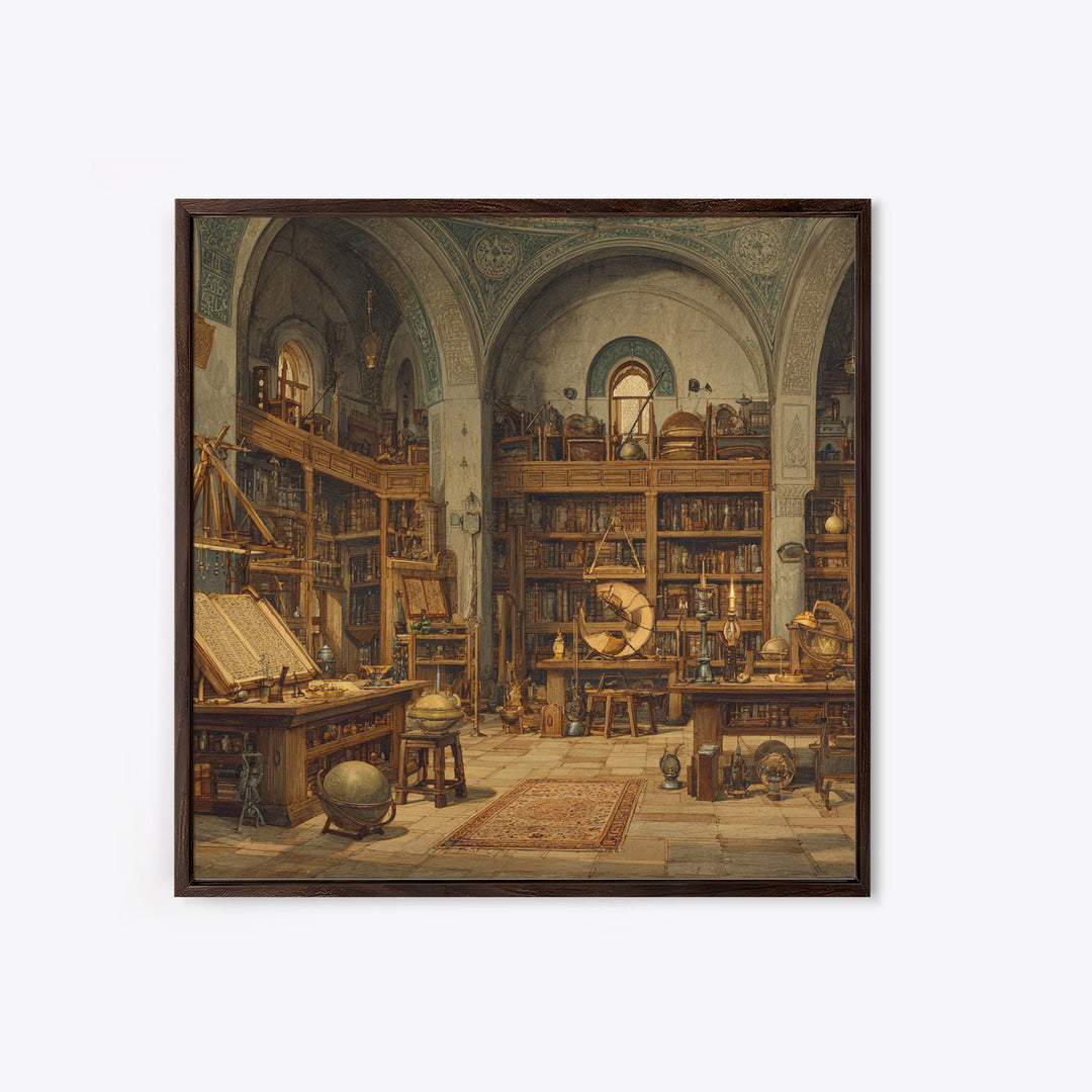 Antique Scholar Library With Globes And Manuscripts Framed Canvas Print, Dark Academia Wall Art, Office Decor, Book Lover Gift