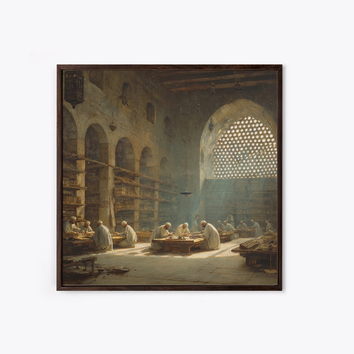 Sunlit Ancient Library Scholars Wall Art, Islamic Architecture Canvas, Dark Academia Decor, Historical Fine Art Print Gift