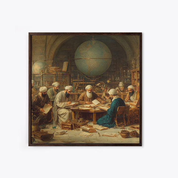 Ancient Scholars With Globe Wall Art, Islamic Golden Age Study Framed Canvas Print, Historical Library Office Decor Gift