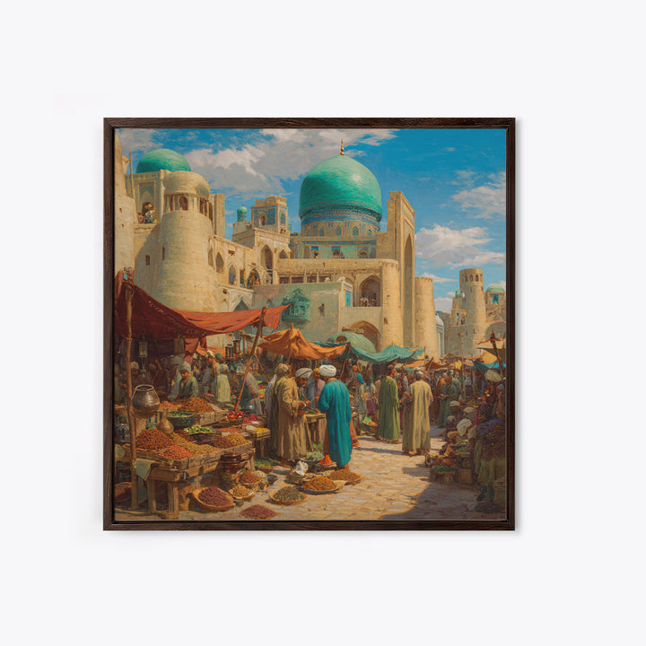 Turquoise Dome Bazaar Wall Art, Silk Road Market Painting, Islamic Architecture Decor, Moroccan Style Travel Art Print, Canvas Print
