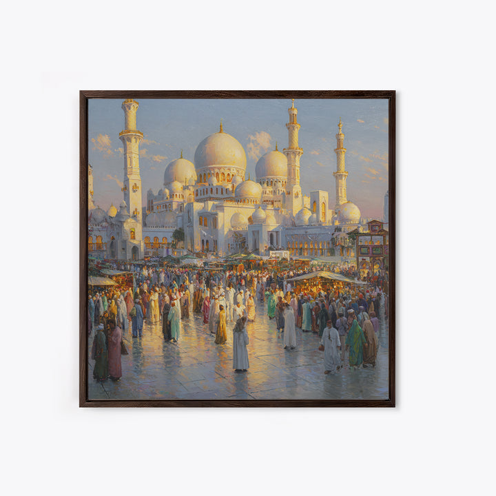 Grand White Mosque And Market Crowd Wall Art, Islamic Architecture Print, Middle Eastern Decor, Travel Gift For Living Room
