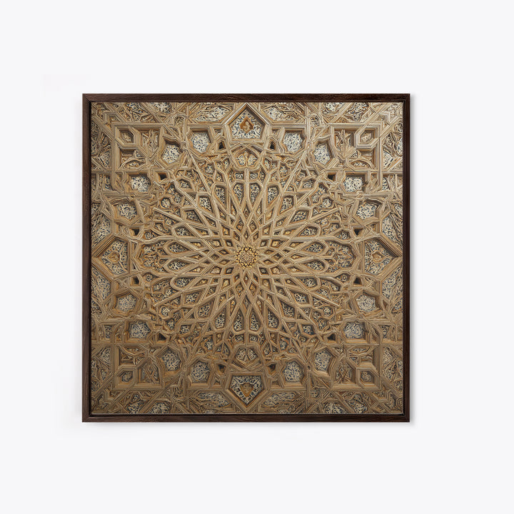 Ornate Islamic Geometric Star Ceiling Wall Art, Moroccan Pattern Framed Canvas Print, Gold Mandala Home Decor For Living Room