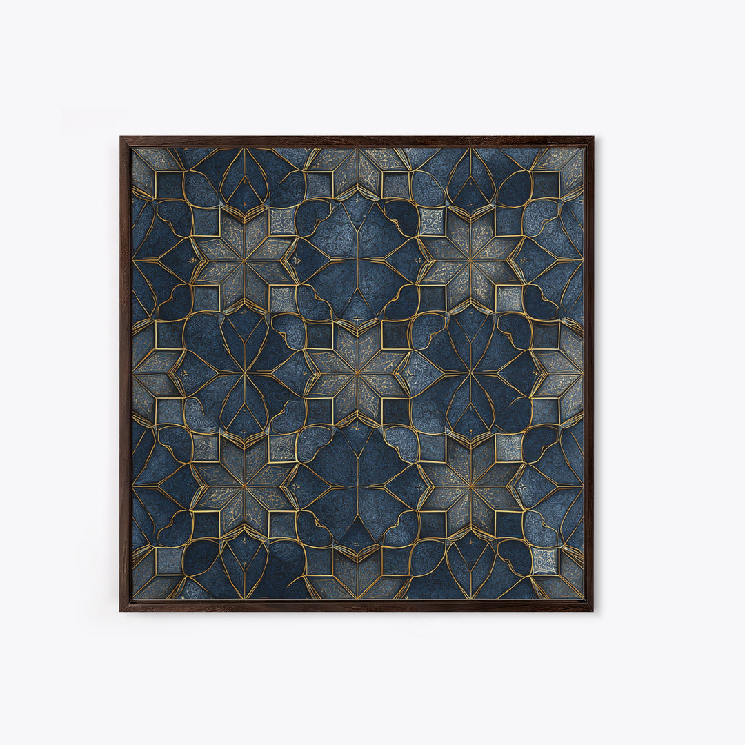 Blue Gold Geometric Tile Pattern Wall Art, Moroccan Art Deco Canvas Print, Luxury Modern Abstract Home Decor Gift For Her