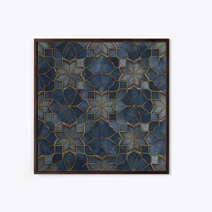 Blue Gold Geometric Tile Pattern Wall Art, Moroccan Art Deco Canvas Print, Luxury Modern Abstract Home Decor Gift For Her
