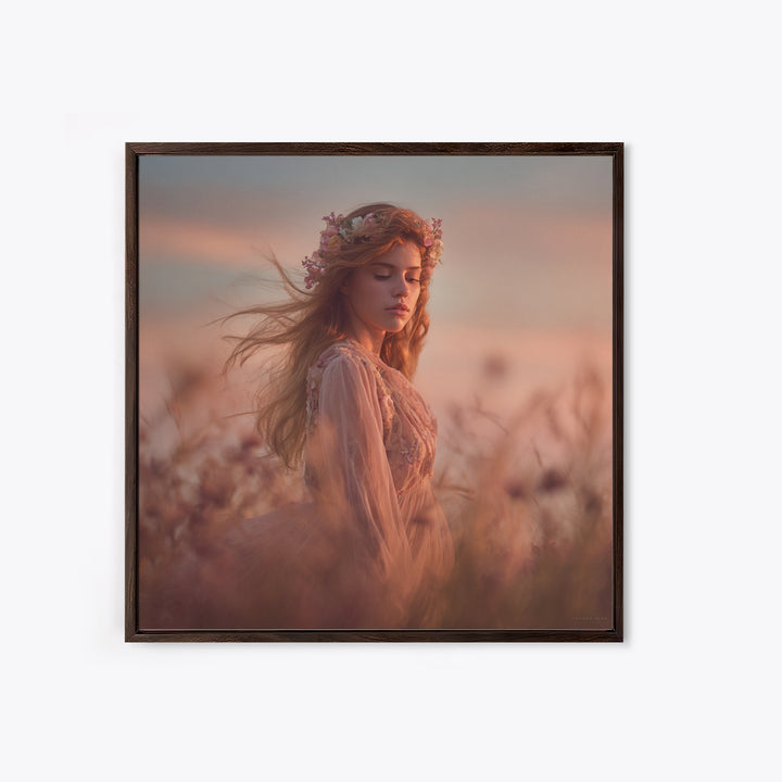 Ethereal Woman In Wildflower Meadow Canvas Print, Romantic Feminine Wall Art, Soft Pastel Bedroom Decor Living Room Gift For Her
