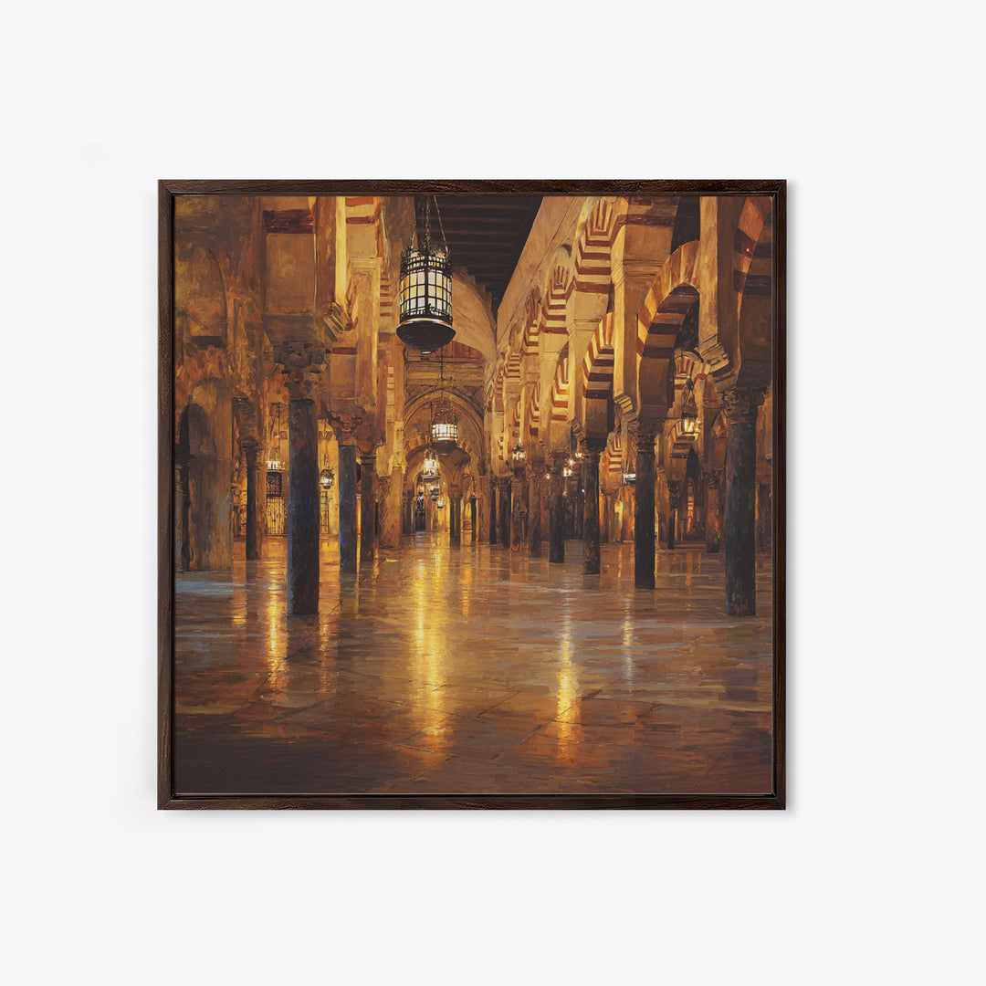 Golden Mosque Corridor Wall Art, Islamic Architecture Print, Moroccan Home Decor, Warm Lantern Canvas For Living Room Decor