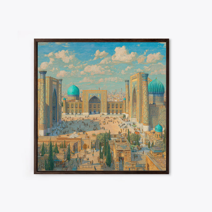 Sunlit Samarkand Mosque Courtyard Wall Art, Islamic Architecture Travel Poster, Blue Tile Decor, Asian Framed Canvas Print