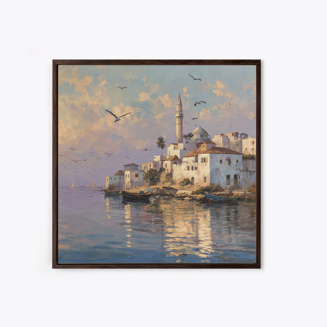 Sunlit Coastal Mosque Village Canvas Print, Mediterranean Seaside Landscape Art, Travel Poster, Coastal Wall Decor For Home