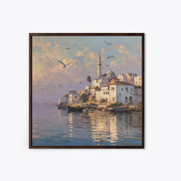 Sunlit Coastal Mosque Village Canvas Print, Mediterranean Seaside Landscape Art, Travel Poster, Coastal Wall Decor For Home