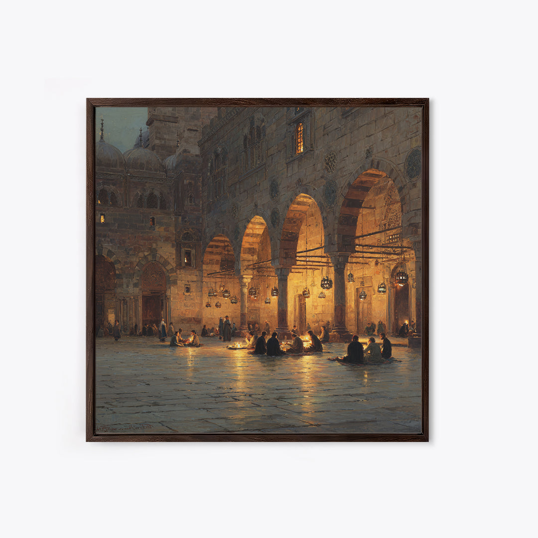 Lantern Lit Islamic Courtyard At Night Wall Art, Jerusalem Mosque Painting, Arabic Architecture, Prayer Room Decor Gift Print