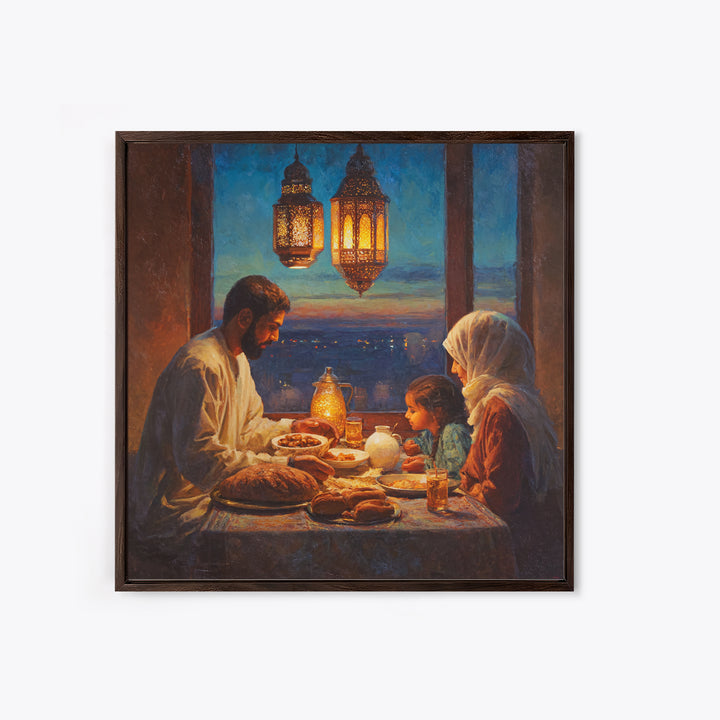 Ramadan Family Iftar By Lanterns Framed Canvas Print, Islamic Home Decor, Warm Dining Room Wall Art, Muslim Gift, Ramadan Eid Decor