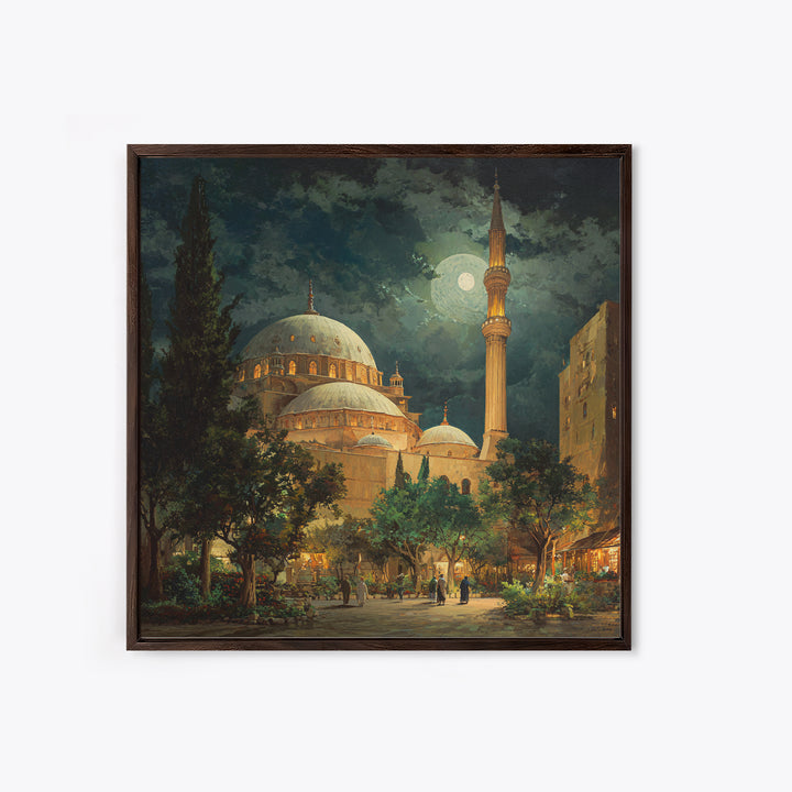 Moonlit Mosque Courtyard At Night Wall Art, Islamic Architecture Canvas Print, Ramadan Decor, Prayer Room Poster For Home Decor