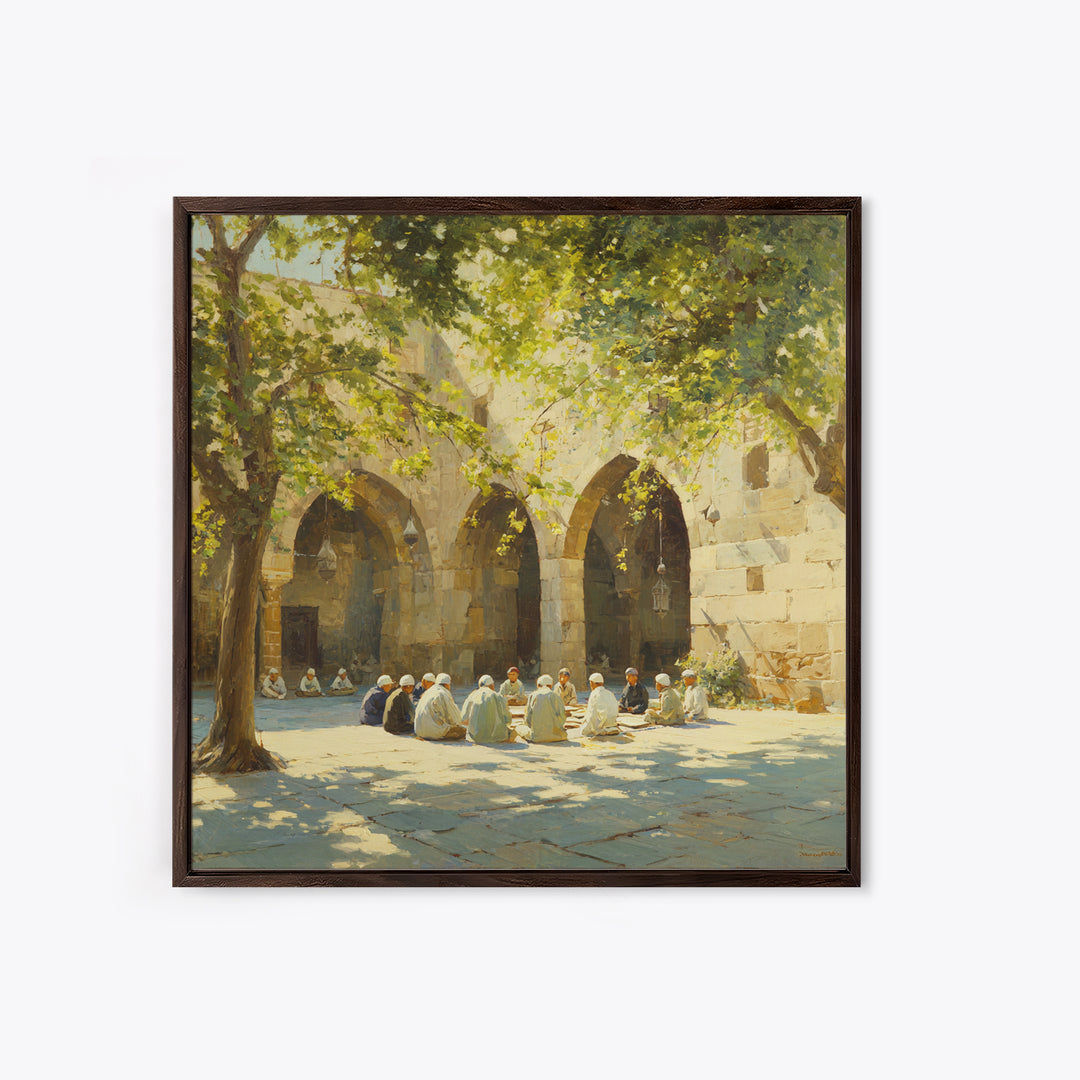 Sunlit Mosque Courtyard Gathering Under Trees Framed Canvas Print, Islamic Wall Art, Arabic Architecture, Serene Home Decor