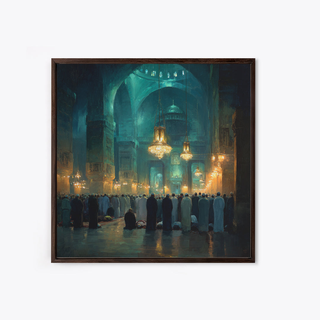 Teal Mosque Prayer Hall With Golden Chandeliers Canvas Print, Islamic Wall Decor, Spiritual Fine Art, Ramadan Gift, Elegant Home Decor