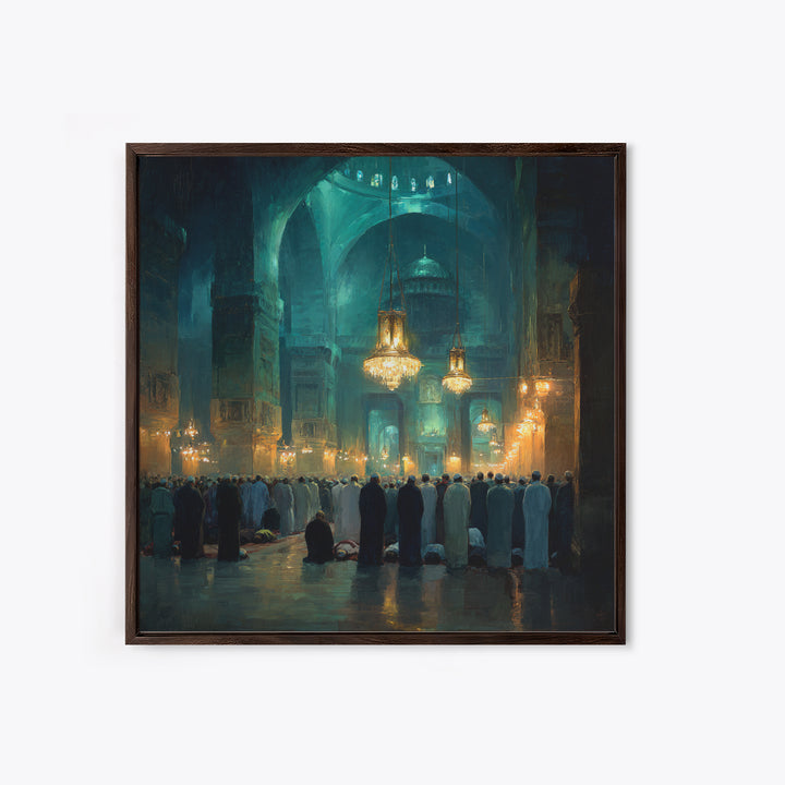 Teal Mosque Prayer Hall With Golden Chandeliers Canvas Print, Islamic Wall Decor, Spiritual Fine Art, Ramadan Gift, Elegant Home Decor