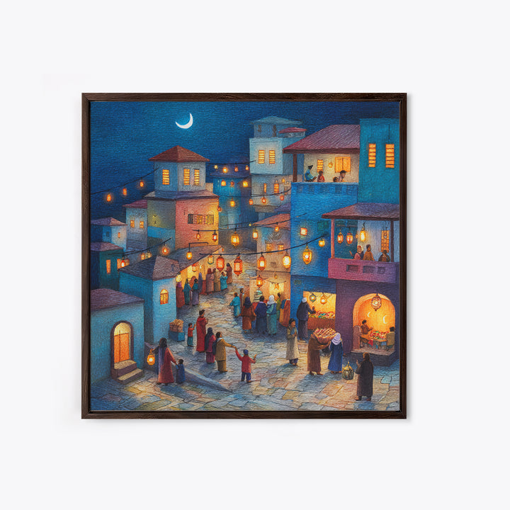 Moonlit Lantern Village Wall Art, Middle Eastern Night Market Canvas Print, Ramadan Decor, Cozy Blue Homes, Housewarming Gift