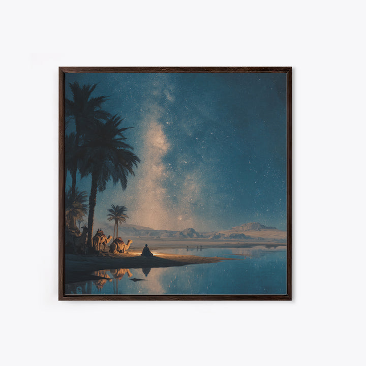 Starlit Desert Oasis With Camels Wall Art, Celestial Night Landscape Print For Boho Home Decor And Meditation Room Wall Decor
