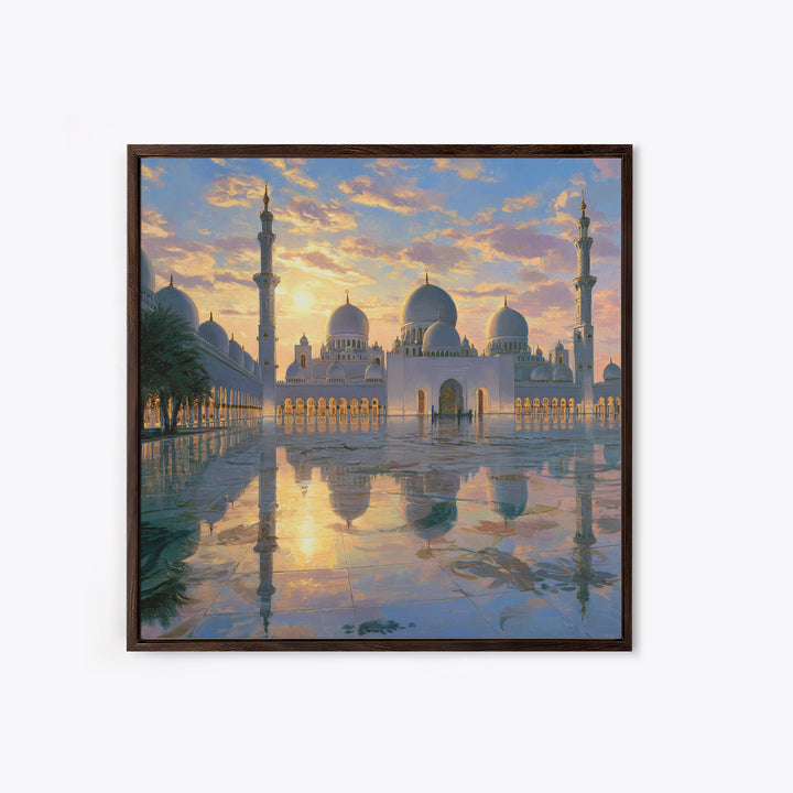 White Grand Mosque At Sunset Framed Canvas Print, Islamic Wall Art, Abu Dhabi Architecture, Spiritual Decor, Luxury Home Decor