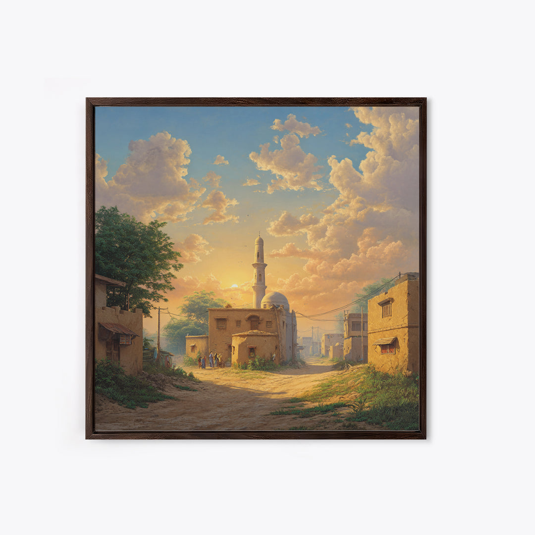 Sunlit Village Mosque At Golden Sunset Wall Art, Islamic Landscape Canvas Print, Rustic Travel Decor, Serene Home Gift For Living Room