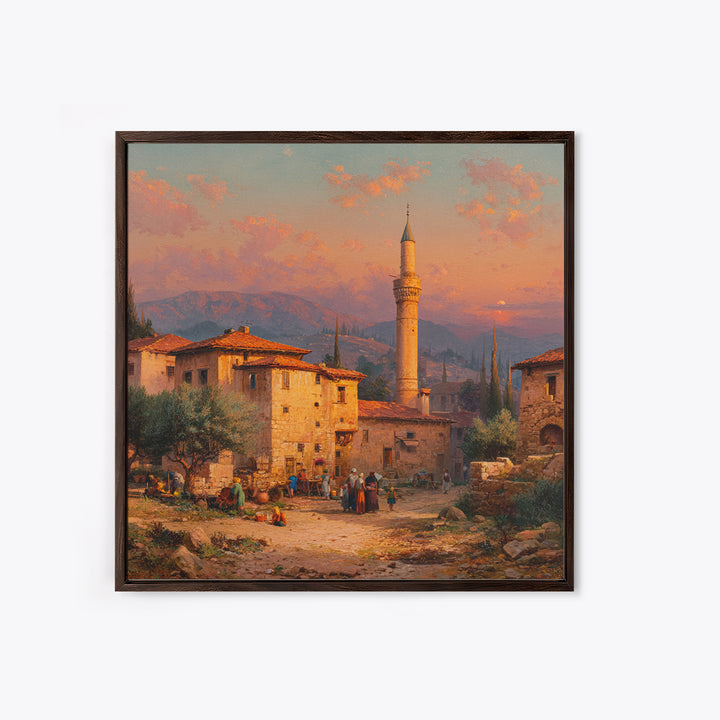 Sunset Village With Minaret Wall Art, Mediterranean Landscape Print, Islamic Architecture Decor, Travel Poster For Living Room