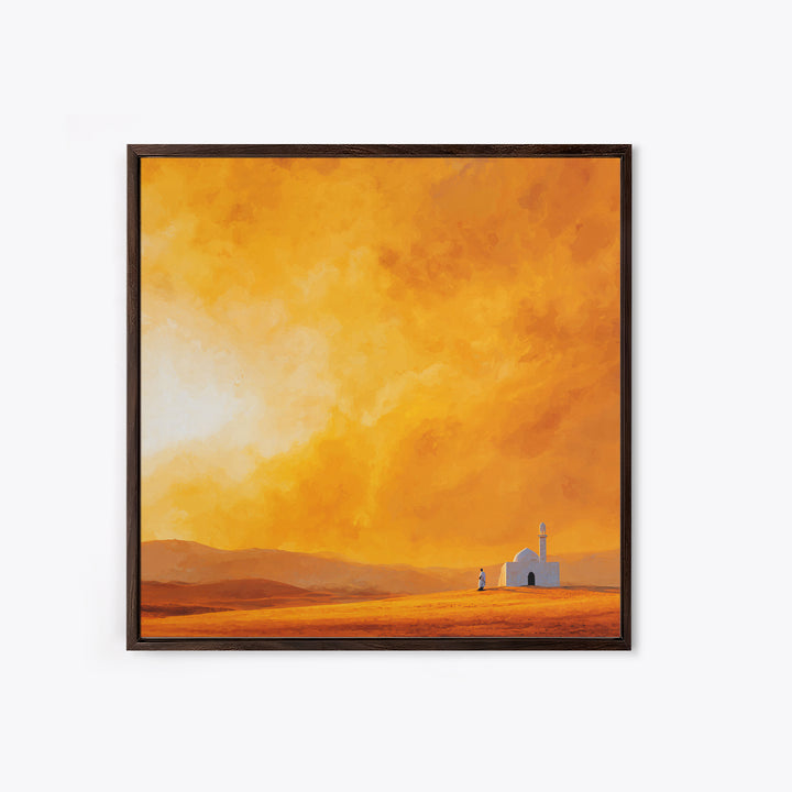 Glowing Orange Desert Mosque Canvas Print, Minimalist Landscape Art, Islamic Wall Decor, Warm Neutral Home Decor Gift Idea