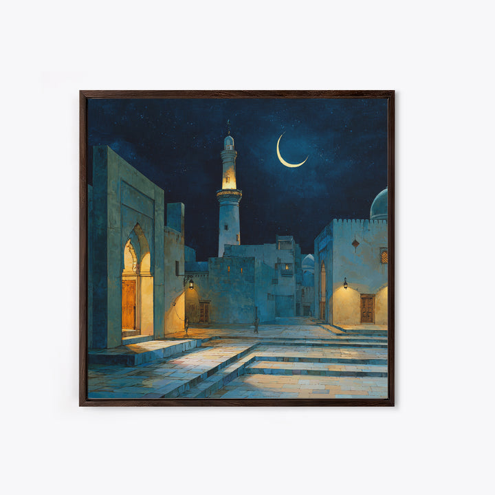 Blue Moonlit Mosque Courtyard With Crescent Moon Wall Art, Islamic Wall Decor, Celestial Night Print, Serene Home Decor Gift