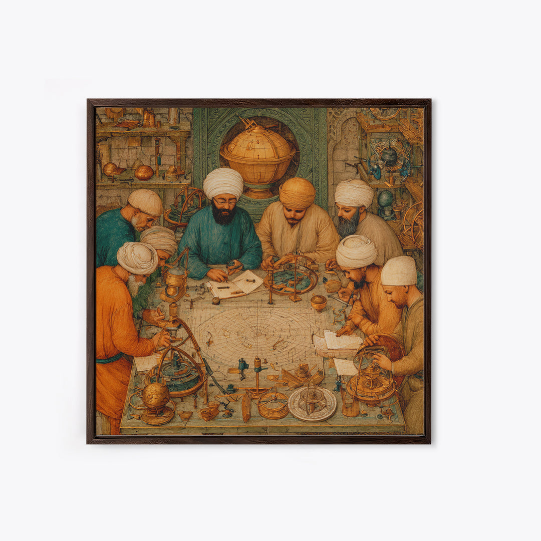 Medieval Astronomers Studying Celestial Maps Wall Art, Islamic Science Illustration Canvas Print For Library Office Decor