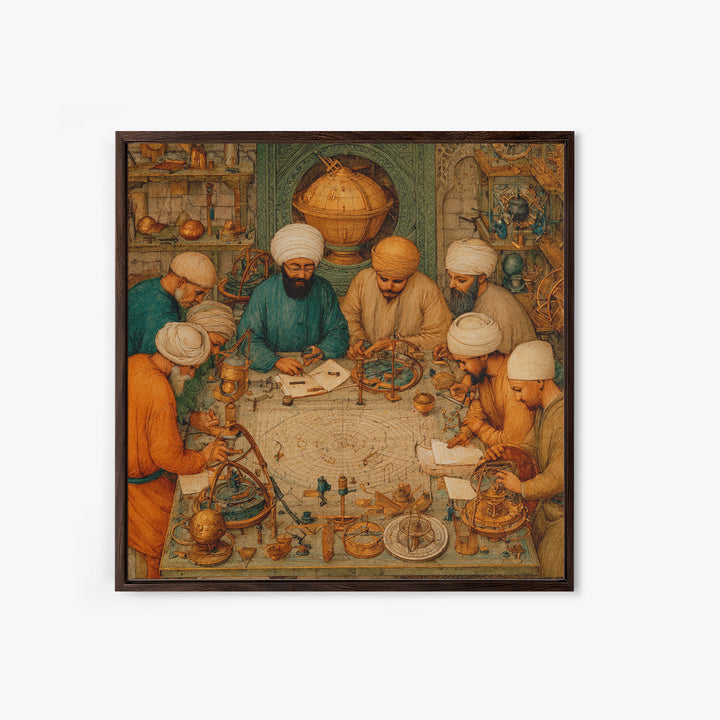 Medieval Astronomers Studying Celestial Maps Wall Art, Islamic Science Illustration Canvas Print For Library Office Decor