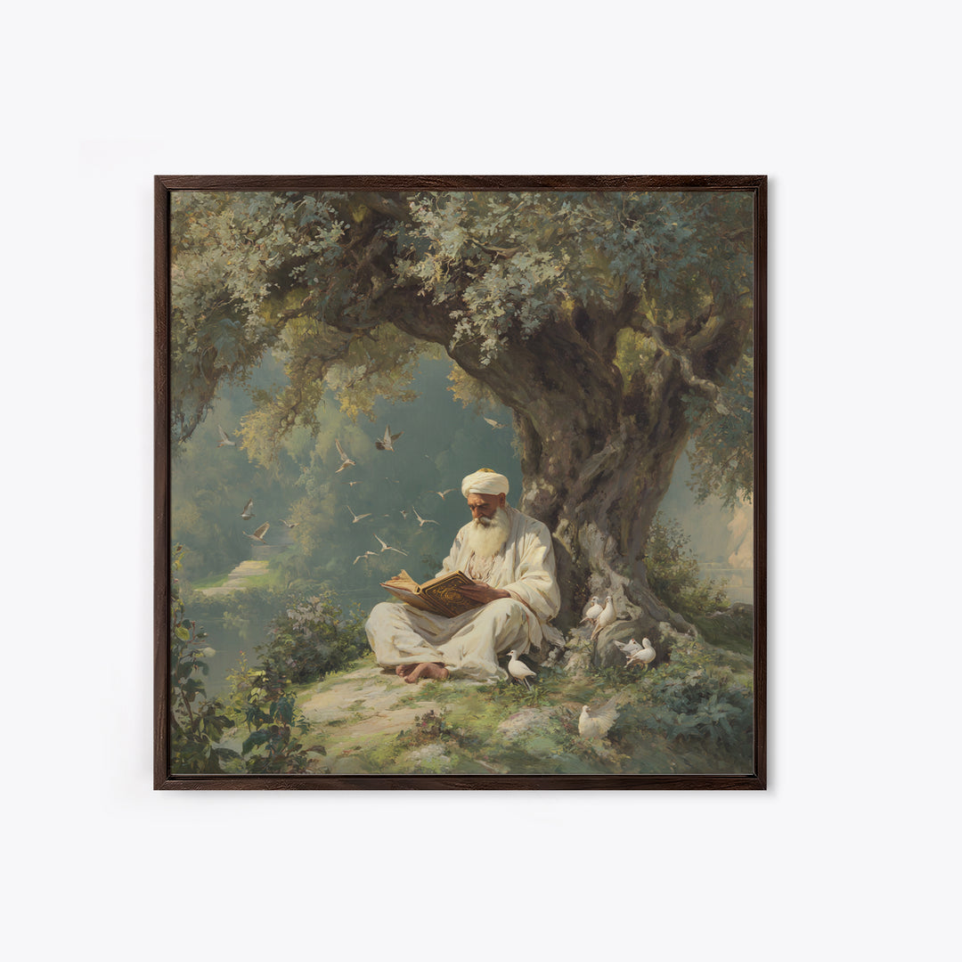 Scholar Reading Beneath Ancient Olive Tree With Doves Canvas Print, Islamic Wall Art, Spiritual Home Decor, Prayer Room Gift