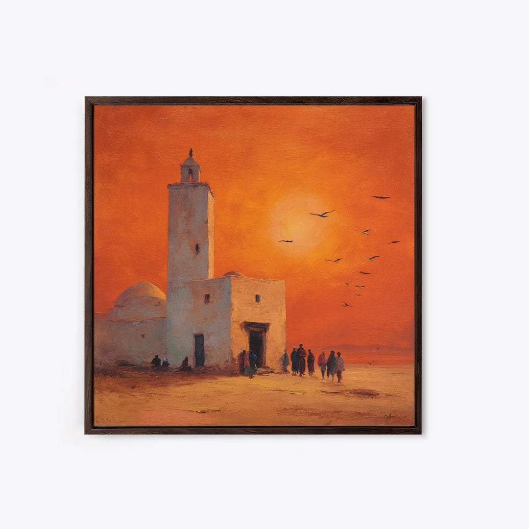 Orange Desert Mosque Sunset With Birds Wall Art, Moroccan Wall Decor, Islamic Home Decor, Travel Poster, Housewarming Gift