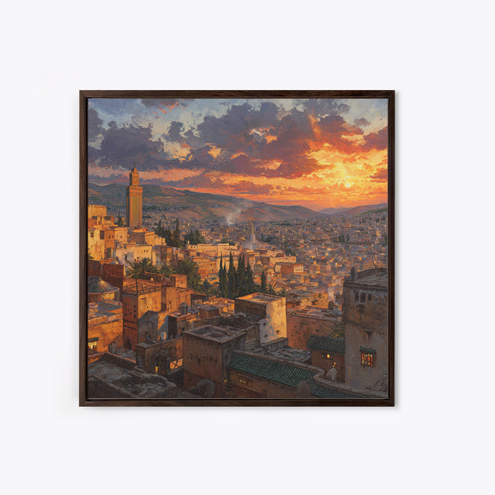 Moroccan City Rooftops At Sunset Wall Art, Marrakech Travel Canvas Print, Warm Mediterranean Living Room Decor Housewarming Gift