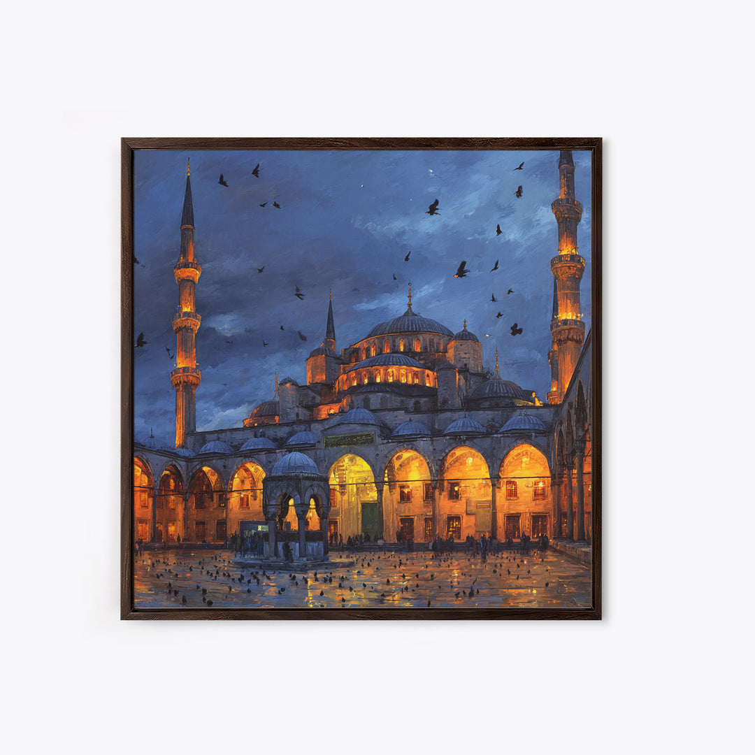 Blue Mosque At Twilight Framed Canvas Print, Islamic Architecture Wall Art, Turkish Travel Poster, Moody Home Decor Gift