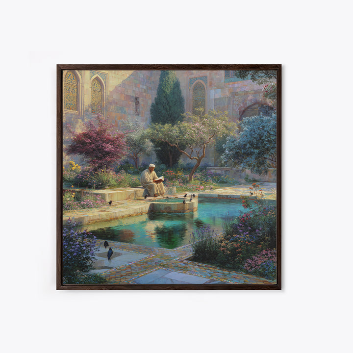 Serene Islamic Garden Courtyard With Reader Wall Art, Meditation Framed Canvas Print, Botanical Zen Home Decor Gift For Her