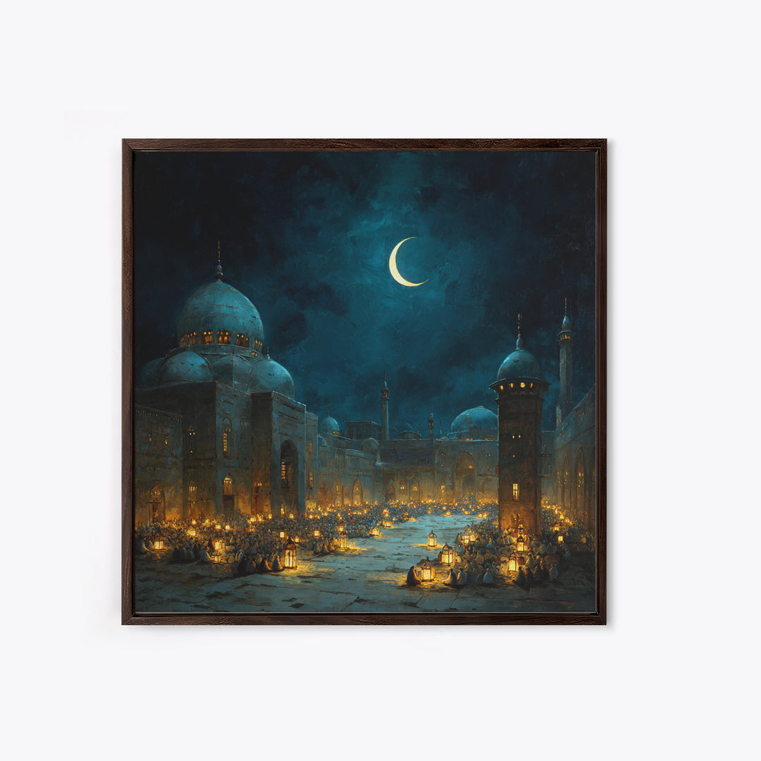Moonlit Mosque Courtyard With Crescent Canvas Print, Islamic Wall Art, Ramadan Lantern Decor For Prayer Room And Home Decor