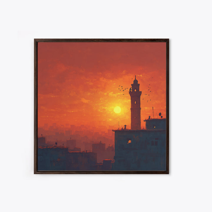Orange City Sunset With Minaret Tower Silhouette Canvas Print, Islamic Wall Art, Moroccan Decor, Travel Poster, Home Decor