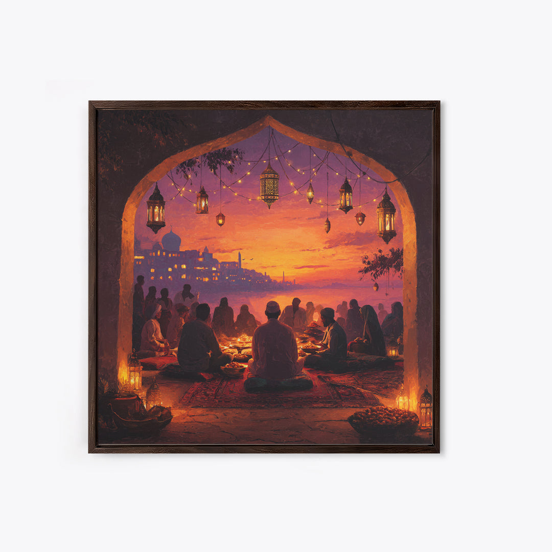 Ramadan Sunset Gathering Wall Art, Lantern Iftar Dinner Scene, Islamic Home Decor, Warm Spiritual Canvas Print Gift For Prayer Room