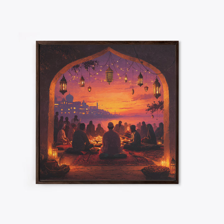 Ramadan Sunset Gathering Wall Art, Lantern Iftar Dinner Scene, Islamic Home Decor, Warm Spiritual Canvas Print Gift For Prayer Room