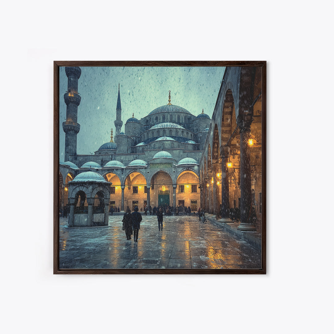 Snowy Blue Mosque Courtyard Canvas Print, Islamic Architecture Wall Art, Istanbul Travel Poster, Spiritual Decor, Home Decor