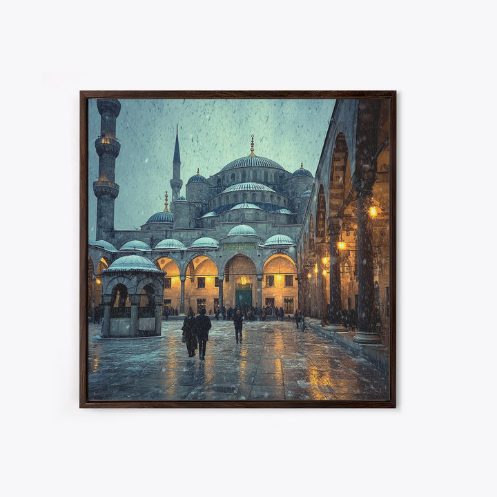 Snowy Blue Mosque Courtyard Canvas Print, Islamic Architecture Wall Art, Istanbul Travel Poster, Spiritual Decor, Home Decor