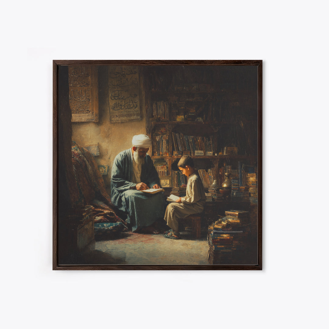 Elder Scholar And Child Reading In Ancient Library Wall Art, Islamic Decor, Dark Academia, Arabic Calligraphy Fine Art Print