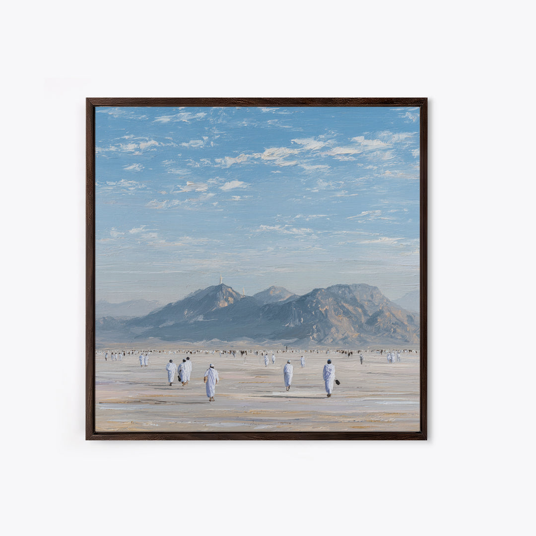 Pilgrims Walking Toward Desert Mountains Wall Art, Minimalist Landscape Canvas Print, Islamic Travel Decor, Calm Neutral