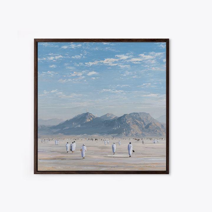 Pilgrims Walking Toward Desert Mountains Wall Art, Minimalist Landscape Canvas Print, Islamic Travel Decor, Calm Neutral