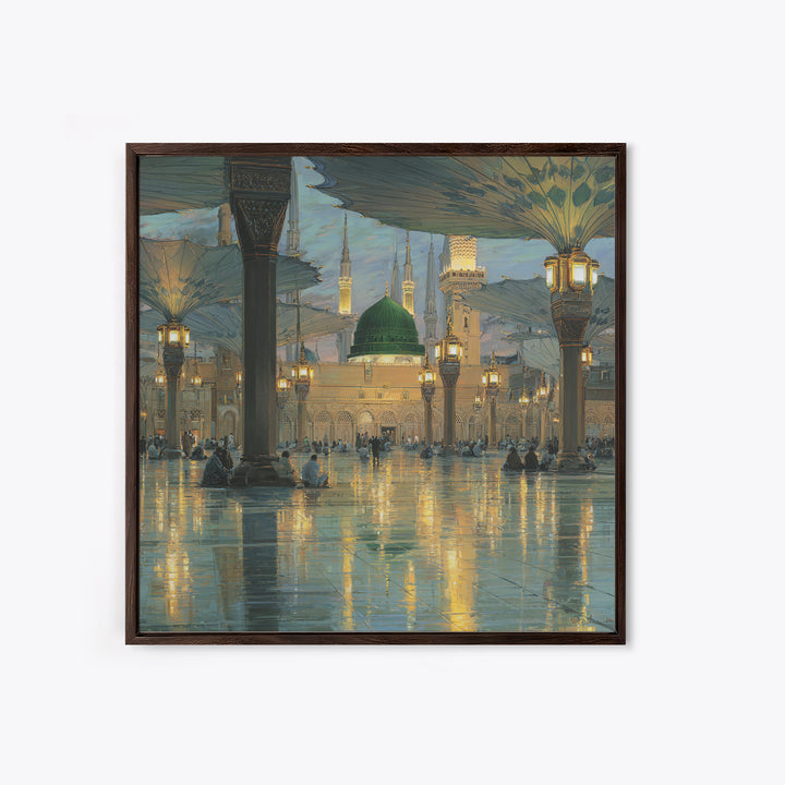 Green Dome Mosque Courtyard With Lantern Reflections Framed Canvas Print, Islamic Wall Art, Medina Decor, Spiritual Gift