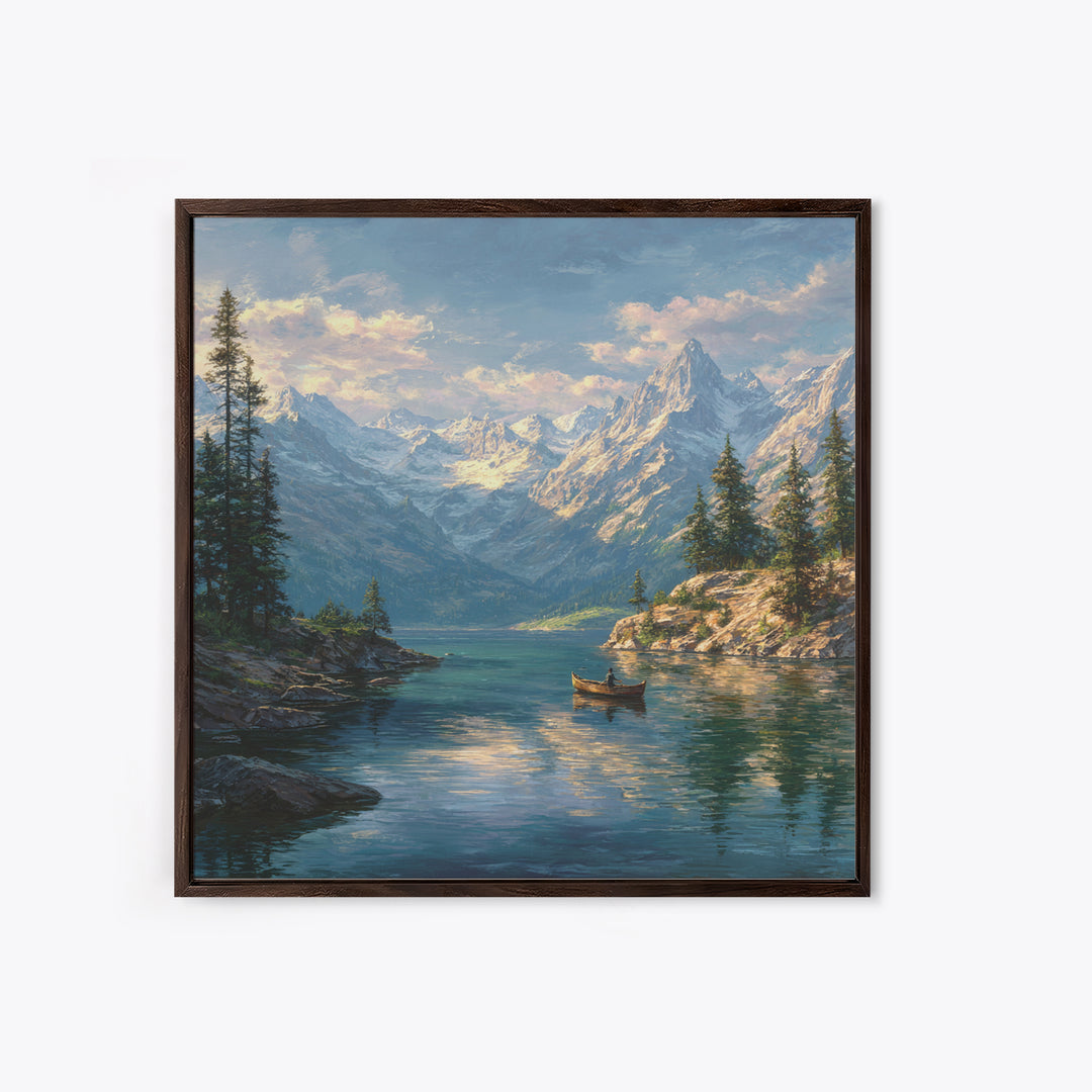 Alpine Lake And Snowy Mountains Framed Canvas Print, Scenic Landscape Art, Cabin Wall Decor, Nature Gift For Living Room